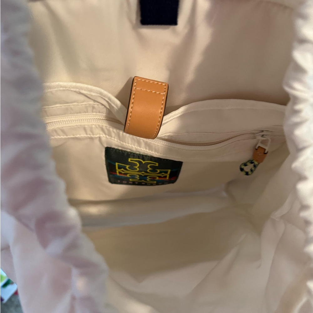 Tory Burch Ripstop White Backpack with Orange, Blue, and Yellow Details - Picture 6 of 8